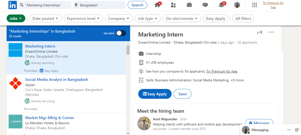 how to find internships on linkedin