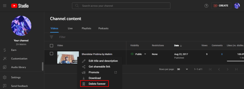 how to delete a youtube video